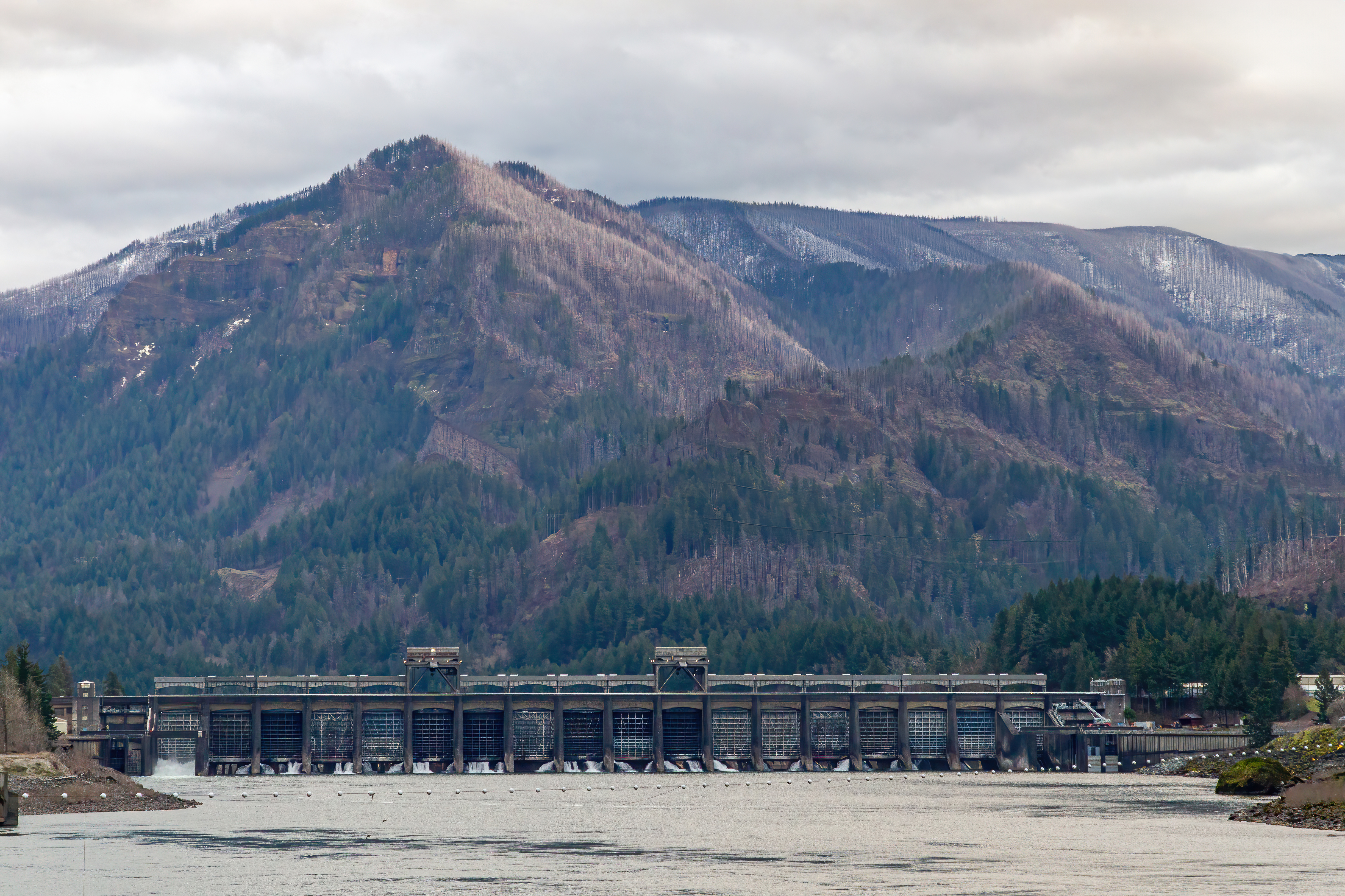 A grand view of the Bonneville Dam with a mountain as it's guardian located northwest of the Dam.